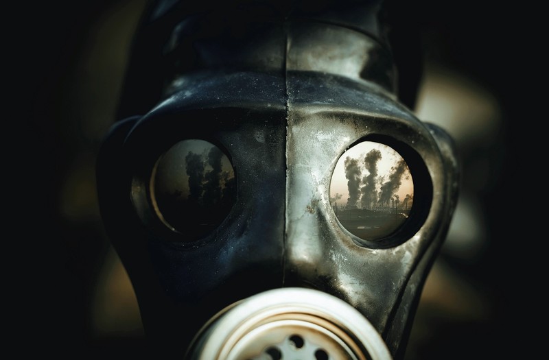 apocalyptic, mask, reflection, gas masks, factories, smoke, smog