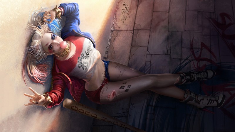 Harley Quinn, DC Comics, baseball bat, pigtails, collar