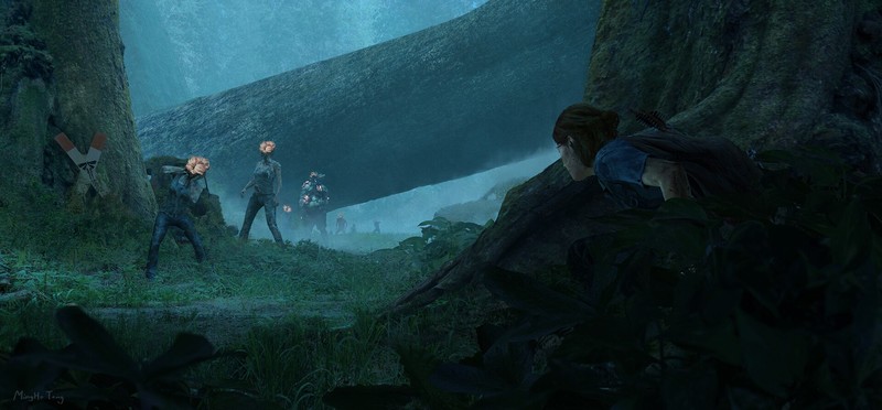 The Last of Us 2, Ellie, creature, video game art, video games, artwork, Mingho Tong, tree trunk, outdoors