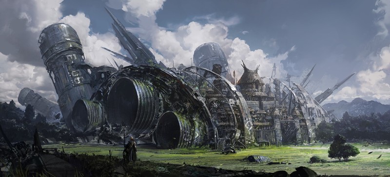 artwork, fantasy art, science fiction, spaceship, su jian