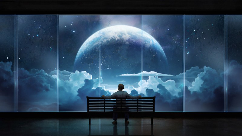 digital, digital art, artwork, illustration, fantasy art, space, space art, landscape, clouds, space clouds, spacescapes, blue, people, men, sitting, science fiction, surreal, reflection, window, by the window, Earth, sky, skyscape, stars, environment, concept art