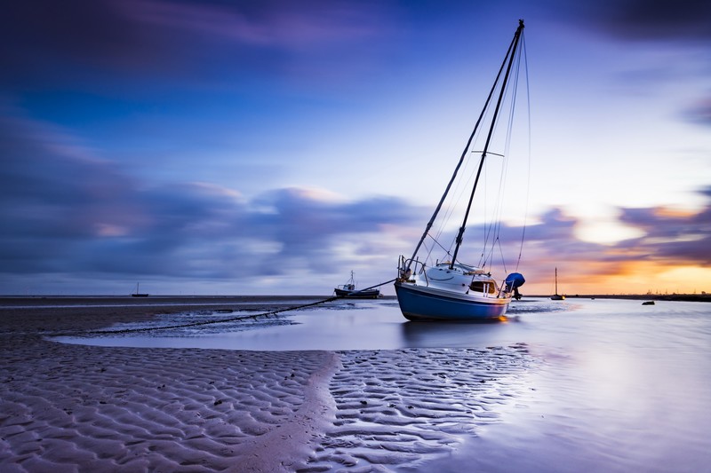 beach, sky, clouds, water, boat, vehicle, England, sailboats