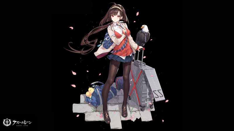 Independence (Azur Lane), Azur Lane, video games, anime girls, anime, brunette, schoolgirl, school uniform, pantyhose, eagle, tie, petals, looking at viewer, red eyes, black background, simple background, artwork, drawing, digital art, 2D, fan art, Atdan, Pixiv