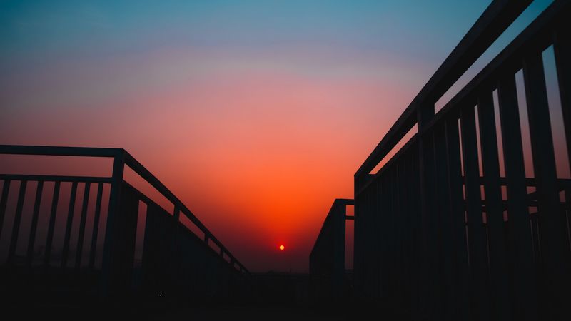 sunset, sun, handrail, sky, dark, light, 4k