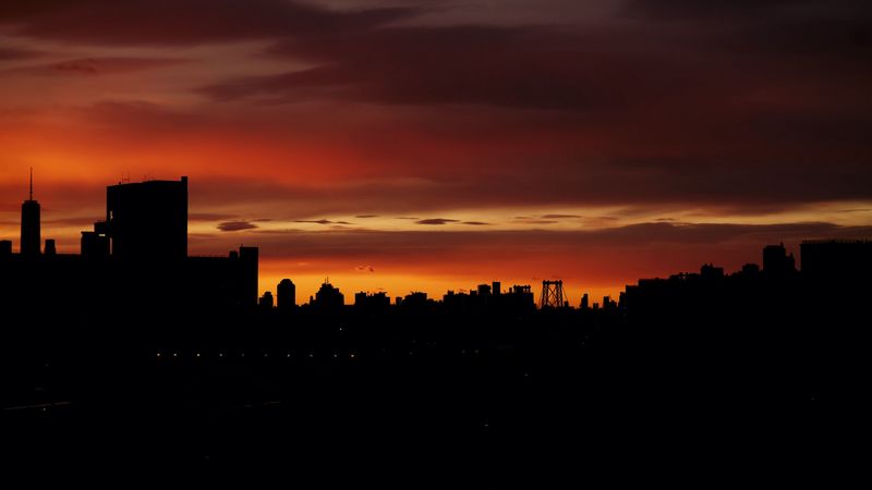 buildings, silhouette, sunset, 4k