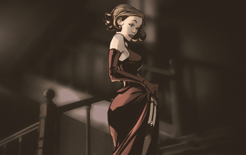 Nabetse Zitro, painting, drawing, women, brunette, red dress, vintage, stairs, house