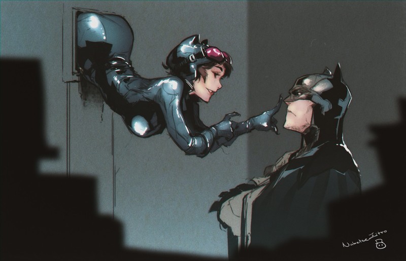 Nabetse Zitro, painting, drawing, couple, men, women, brunette, Batman, Catwoman, superhero