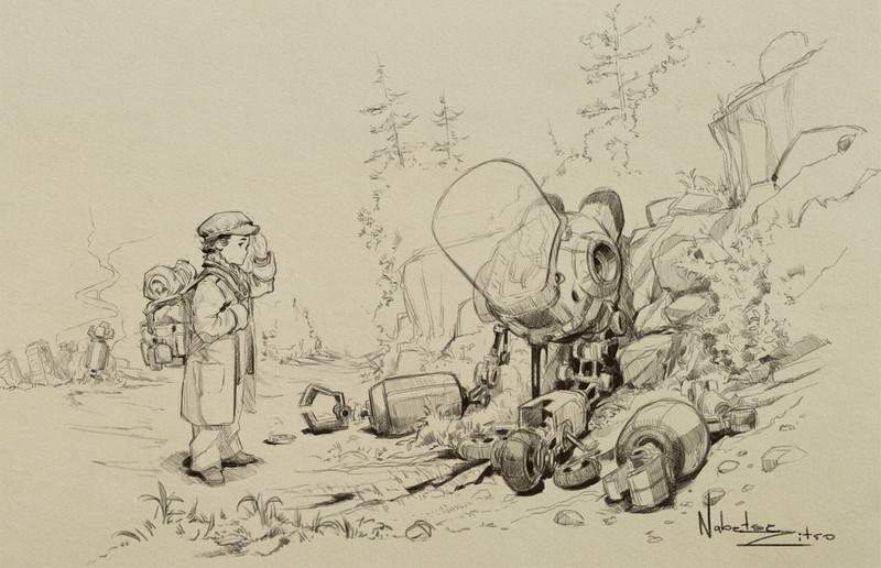 Nabetse Zitro, sketches, drawing, children, machine, traditional art, destruction, nature, abandoned