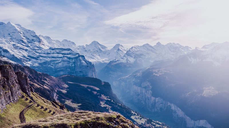 mountains, peaks, aerial view, sky, snow, switzerland, 4k