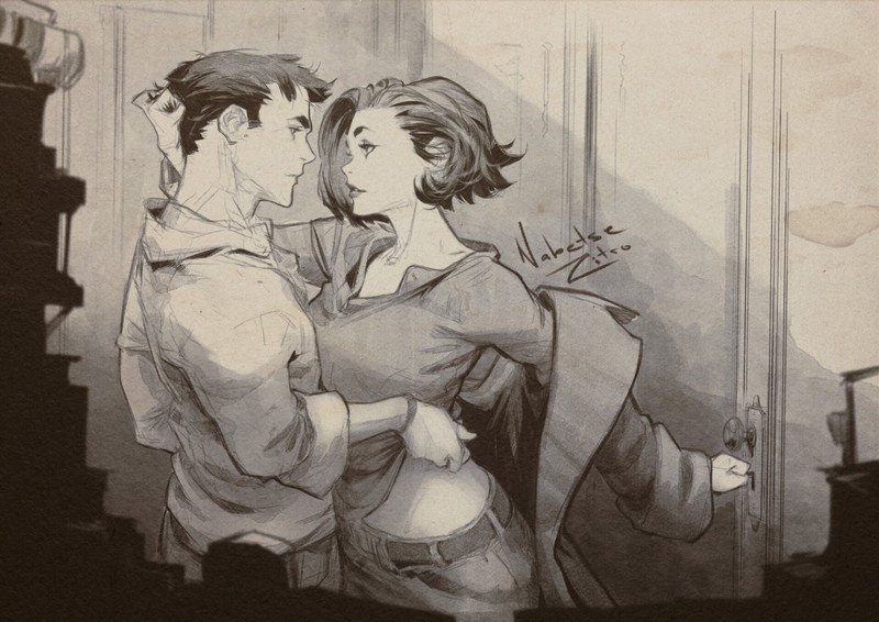 Nabetse Zitro, sketches, drawing, couple, men, women, brunette, blouse, jacket, house