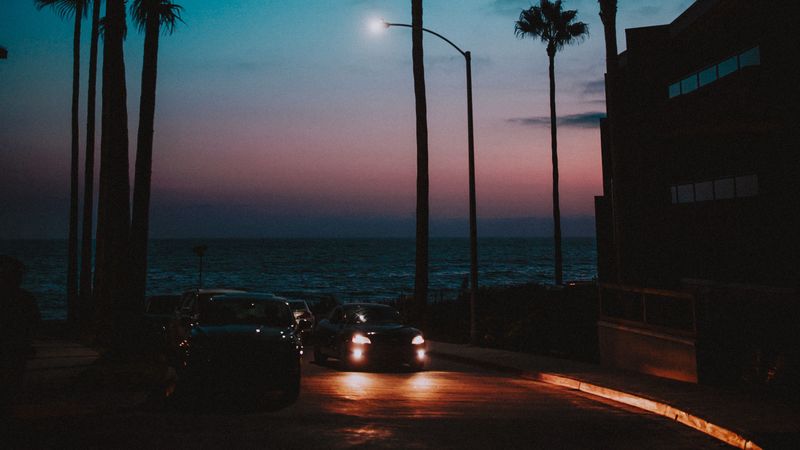 cars, palm trees, sunset, night, tropics, 4k