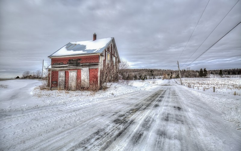road, building, house, winter, snow, outdoors, HDR