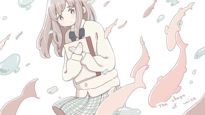 Koe no Katachi., anime girls, 2D, fan art, digital art, long hair, brunette, school uniform, notebooks, brown eyes, whale, Nishimiya Shouko