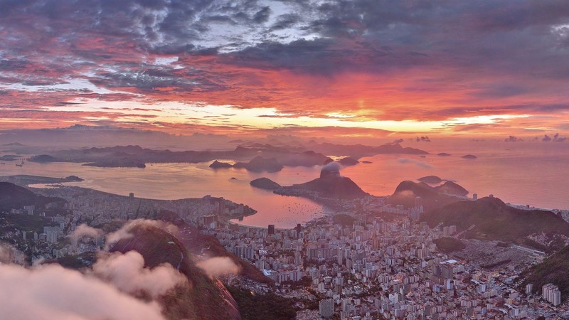 Rio de Janeiro, Brazil, city, cityscape, sunset, clouds, sea, dusk
