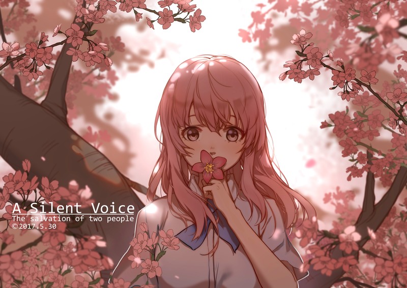 Koe no Katachi., anime girls, 2D, fan art, digital art, school uniform, brunette, brown eyes, sakura (tree), Sakura blossom, Nishimiya Shouko