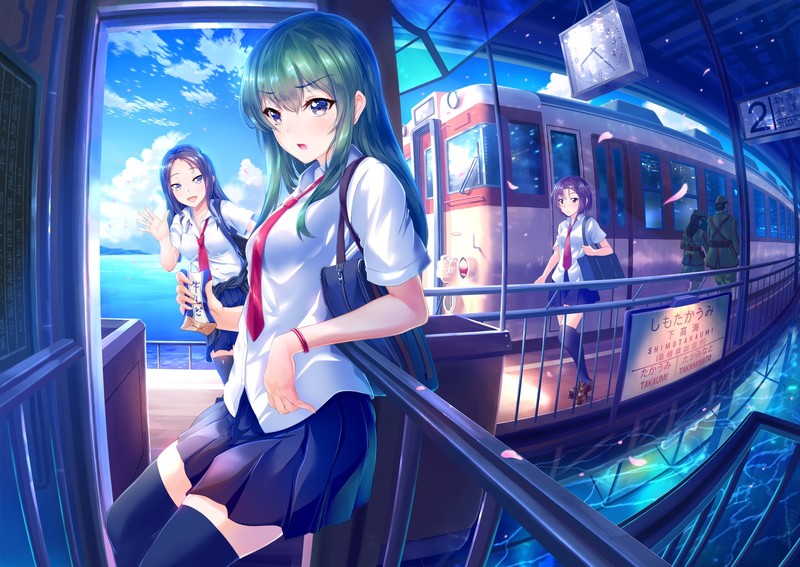anime, anime girls, subway, sea, school uniform