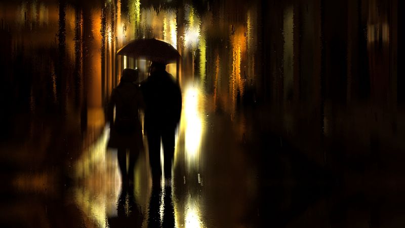 couple, umbrella, rain, silhouettes, walk, romance, 4k