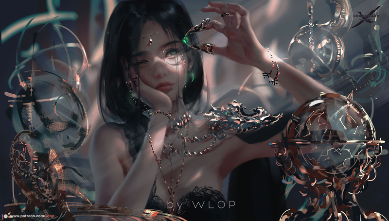 Aeolian, black hair, WLOP, shoulder length hair, people, fantasy girl, fantasy art, Ling Feng