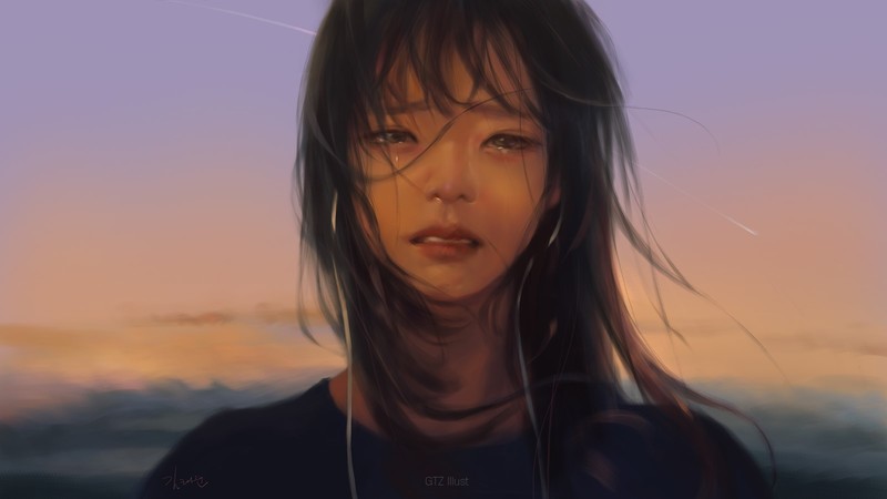 women, Asian, artwork, digital art, drawing, portrait, brunette, crying, earphones, sky, T-shirt, looking at viewer, face, windy, Taejune Kim