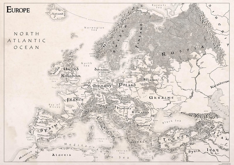 Europe, map, geography, monochrome