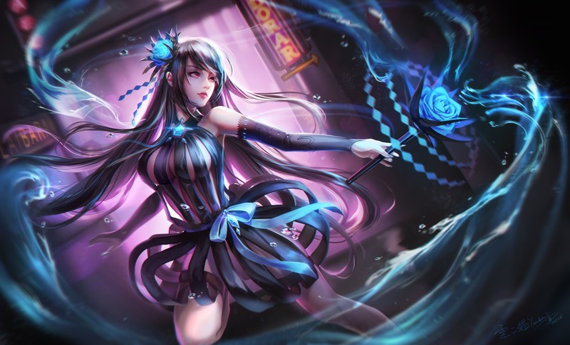 no bra, flower in hair, blue, long hair, red eyes