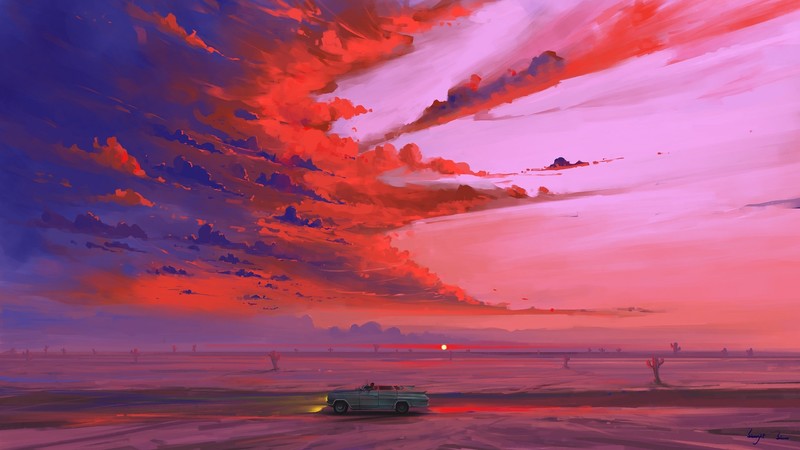 sunrise, desert, car, road, cactus, digital art, clouds, BisBiswas