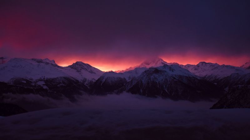 mountains, peaks, fog, sunset, sky, snow, clouds, dark, 4k