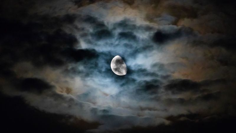 moon, clouds, night, sky, dark, overcast, 4k