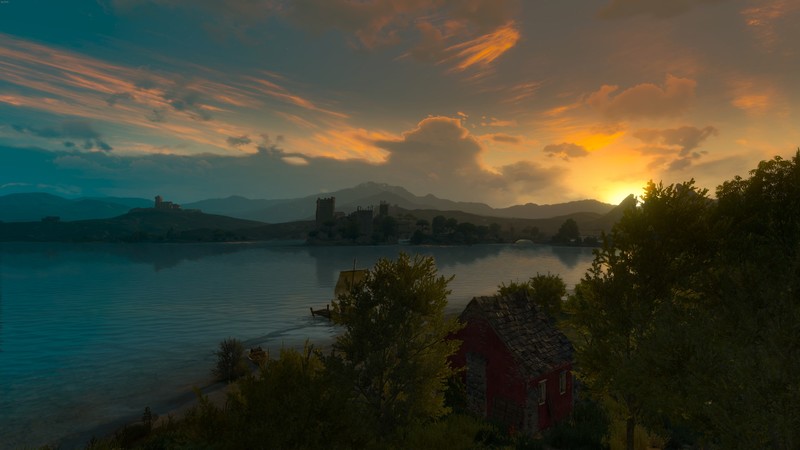 The Witcher 3: Wild Hunt, The Witcher, landscape, video games, sky, clouds, green, sunset, Sun