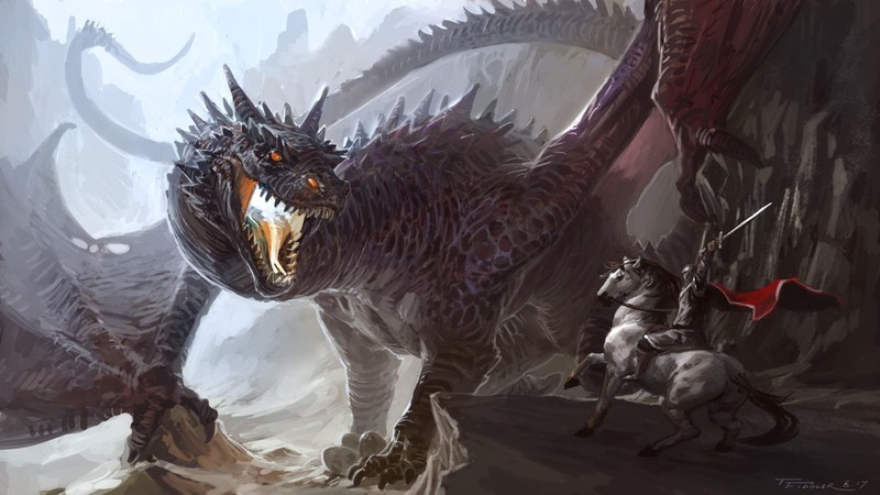 artwork, fantasy art, dragon, warrior, knight, horse, cape, sword