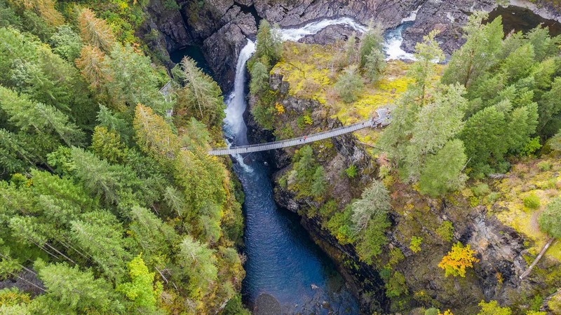 nature, landscape, river, waterfall, bridge, trees, forest, aerial view, Elk Falls, Vancouver Island
