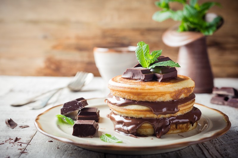 pancakes, food, sweets, chocolate, mint leaves, plates, fork, wooden surface