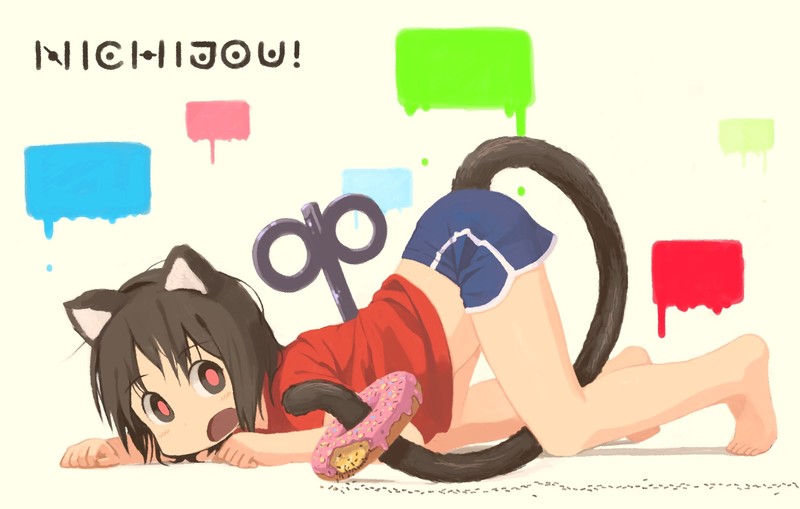Nano Shinonome, Nichijou, neko ears, cat tail, cat ears, donut, simple background