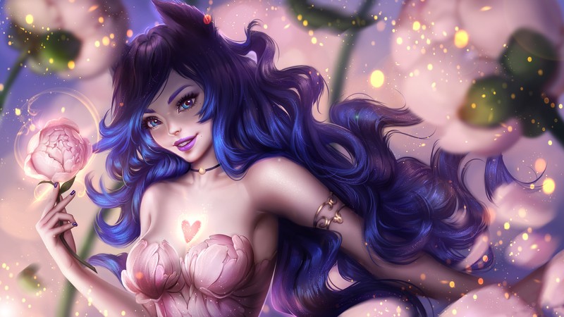 fairies, fantasy girl, original characters, purple hair, long hair, looking at viewer, smiling, necklace, bare shoulders, flowers, portrait, bokeh, sparks, artwork, drawing, digital art, fantasy art, Ayya Saparniyazova, AyyaSAP