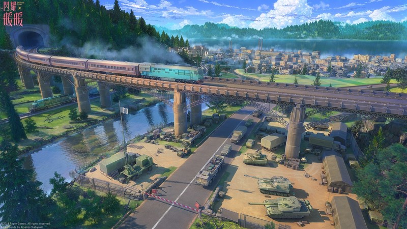 artwork, digital art, train, bridge, rail, tank, river, city
