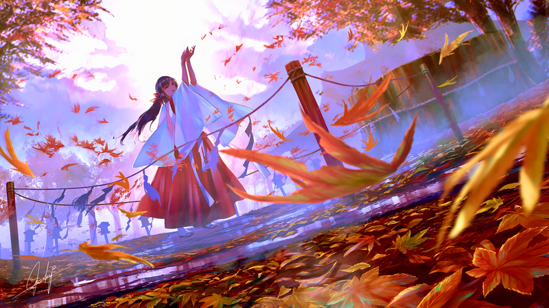 leaves, Japanese clothes, long hair