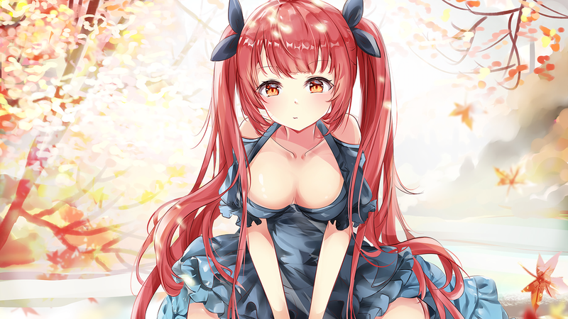 cleavage, long hair, redhead, anime