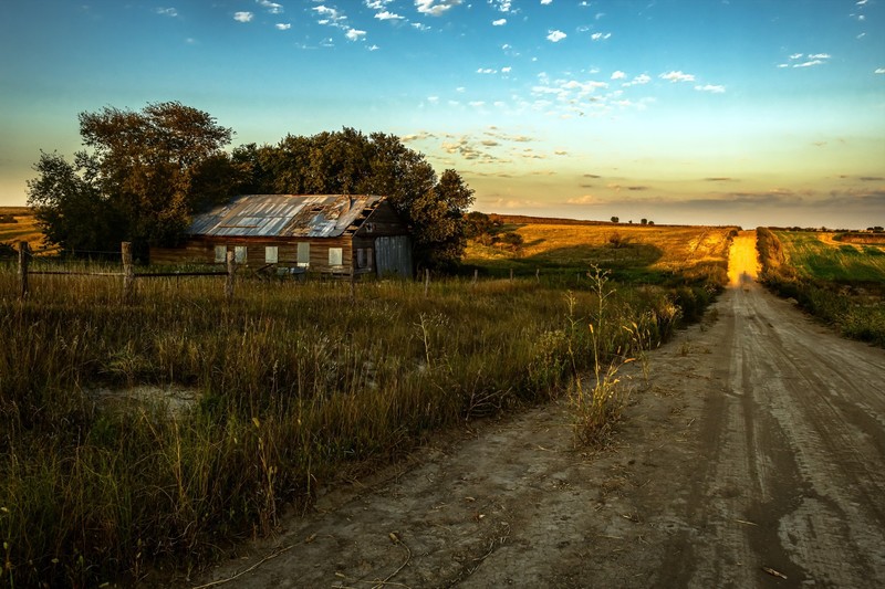 house, landscape, road, outdoors, dirt road