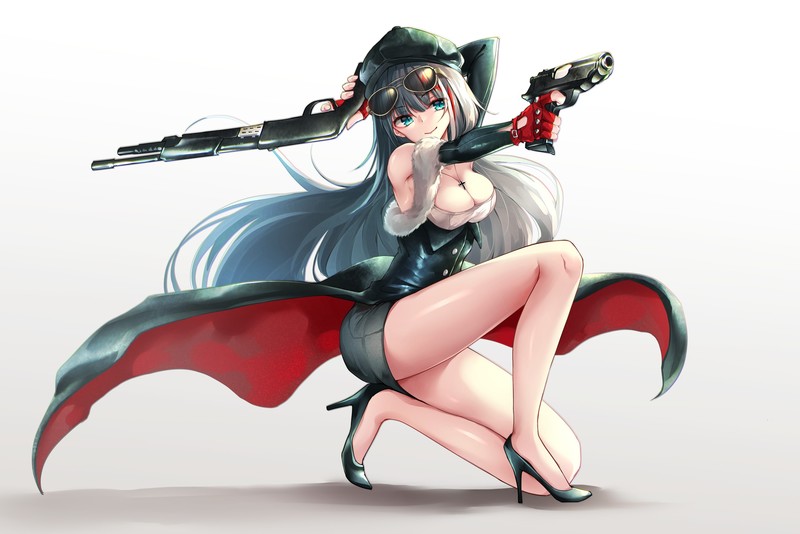 Azur Lane, long hair, aqua eyes, cleavage, thigh-highs, gun, glasses, weapon, hat, Deutschland (Azur Lane)