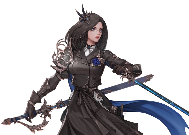 artwork, fantasy art, fantasy girl, women, brunette, dark hair, blue eyes, sword, glasses, women with glasses