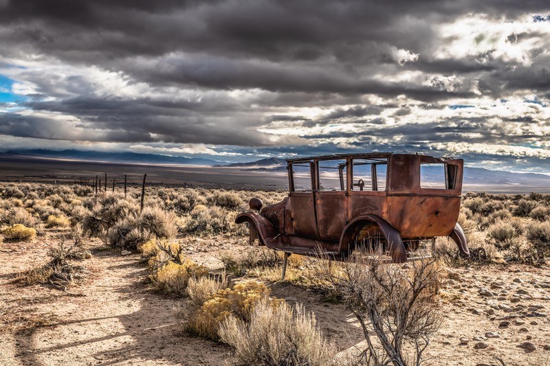 car, vehicle, wreck, field, sky, outdoors, landscape, rust