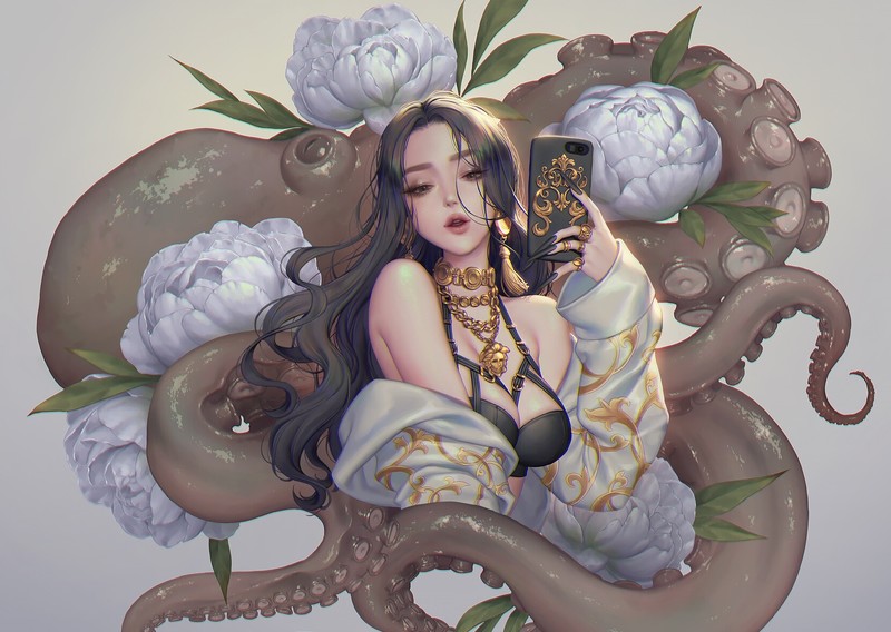 cleavage, tentacles, black hair, long hair, phone, flowers, gray, necklace, black eyes