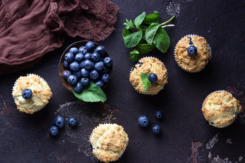 food, berries, fruit, still life, blueberries, mint leaves, cupcakes