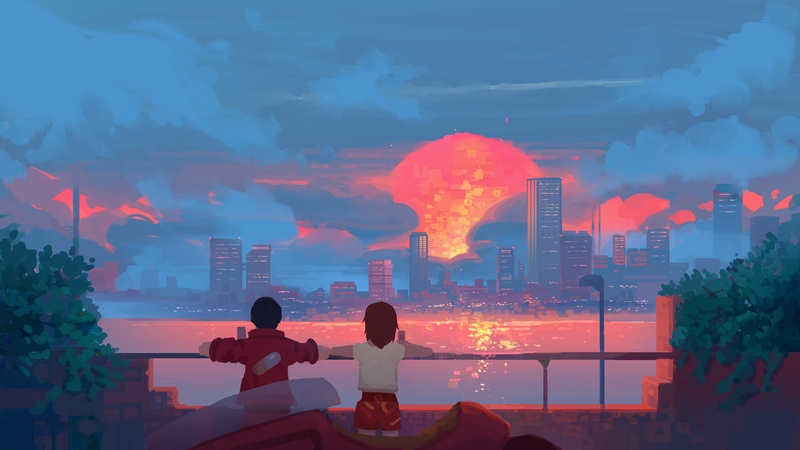 artwork, digital art, sunset, city, cityscape, sea, Akira, moescape