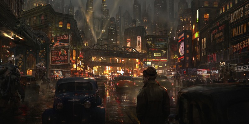 artwork, city, car, dieselpunk