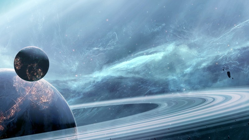 space, space art, planetary rings, planet, digital art, cyan