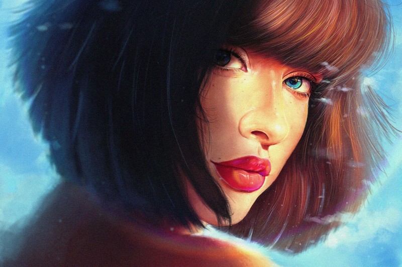 women, artwork, face, portrait, blue eyes, red lipstick