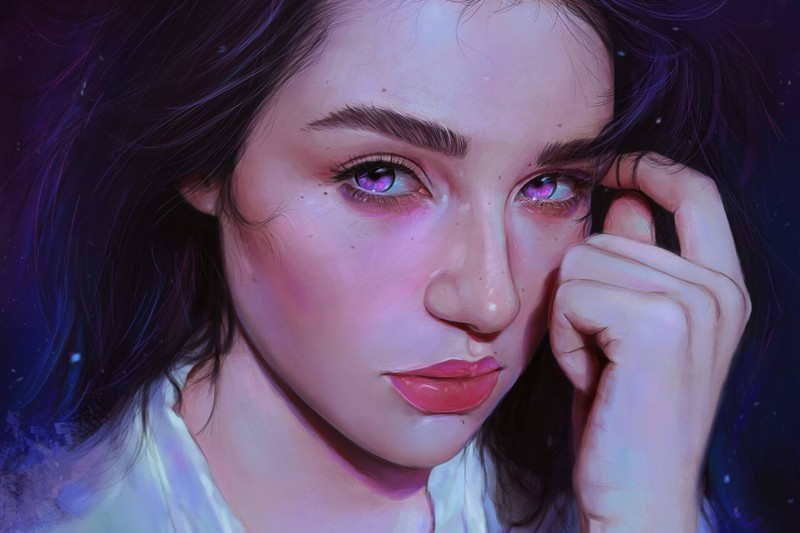 women, artwork, face, portrait, purple eyes