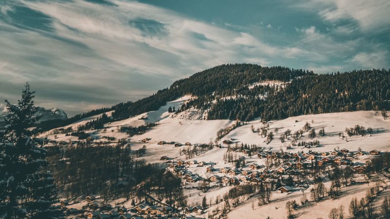 winter, forest, village, snow, aerial view, clouds, 4k