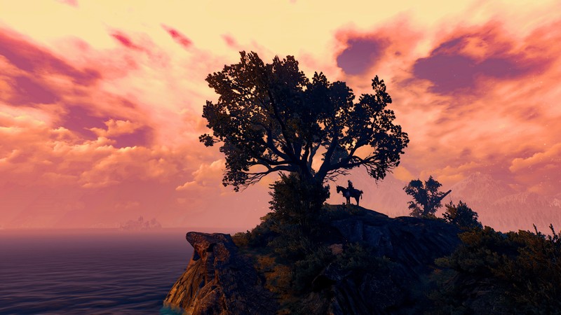 The Witcher, The Witcher 3: Wild Hunt, trees, sunset, sea, clouds, horse
